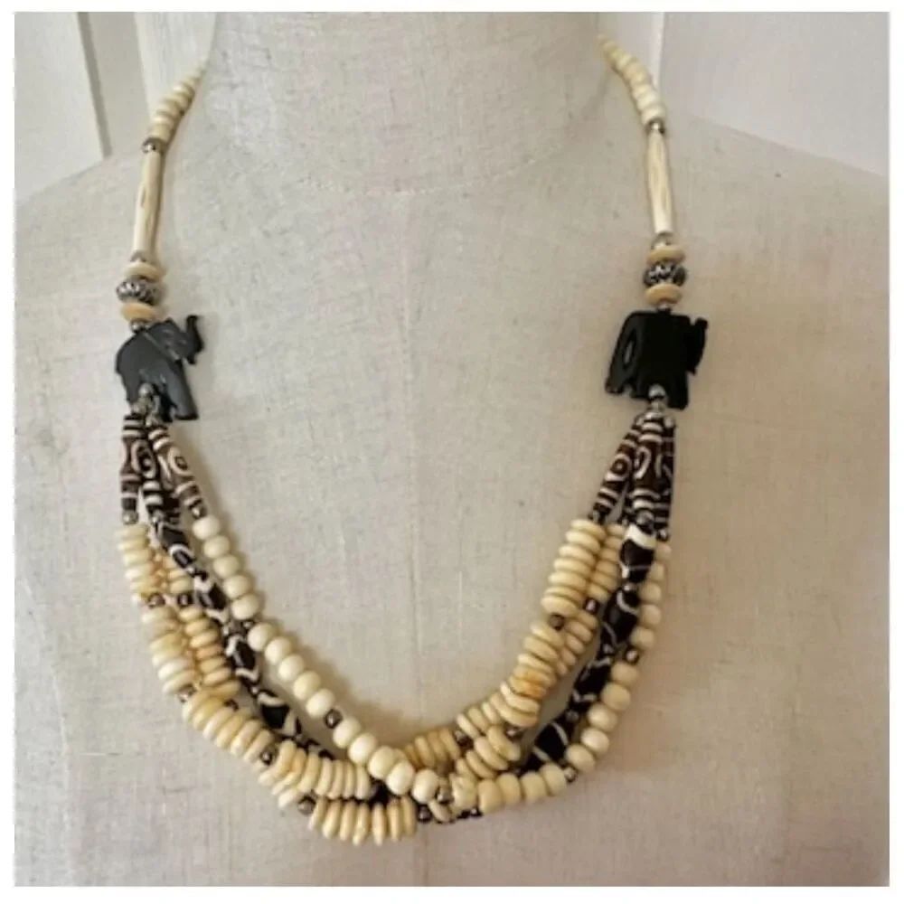 wood and bone elephant multi strand necklace